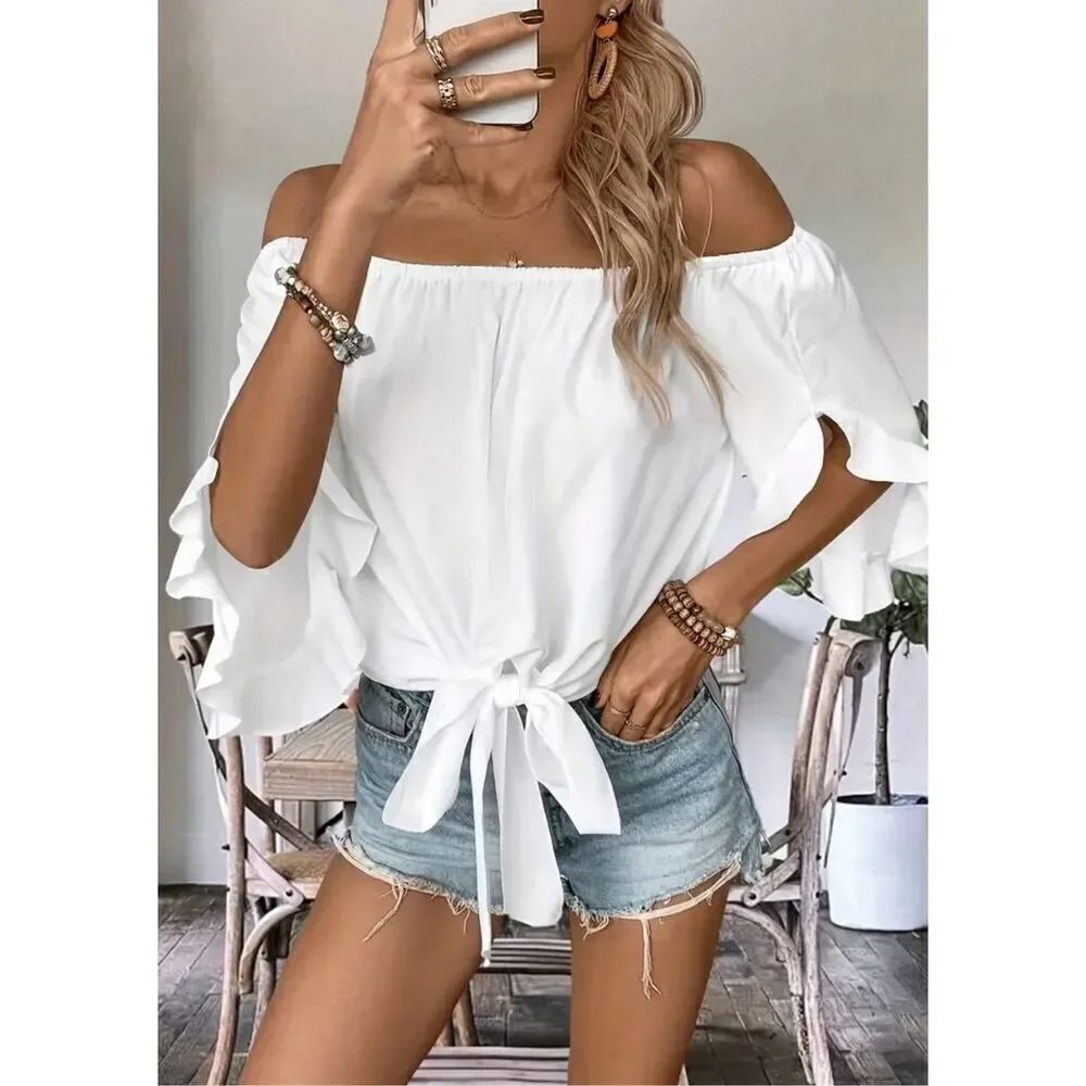 NWT Gorgeous L White Cold Shoulder Front Knot 3/4 Ruffle Sleeve Blouse Top